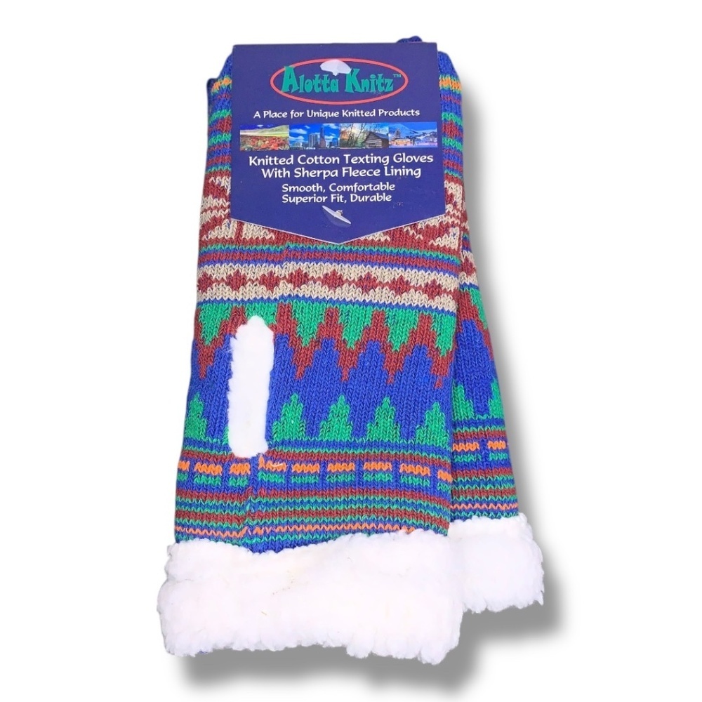 New Alotta Knits Knitted Texting Gloves Faux Sherpa Cozy Colorful Print